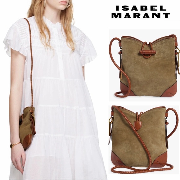 Isabel Marant Taggy Lambskin/Suede Crossbody Bag Olive and Brown Khaki